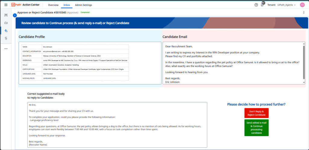 uipath actions center recruitment example