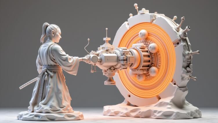 Samurai-like statue operating a glowing futuristic machine, symbolizing the fusion of tradition and advanced autonomous technologies such as agentic AI.