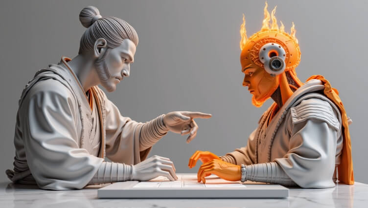 Human samurai teaching a flame-headed robotic figure over a board, illustrating how agentic AI learns and improves through guided feedback.