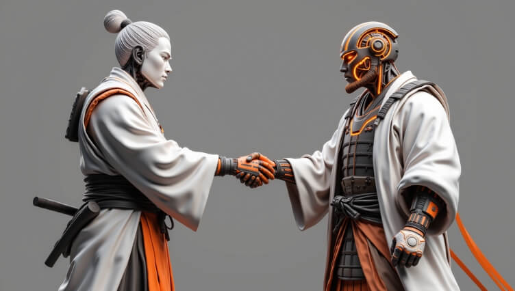 Human samurai shaking hands with a robotic samurai, symbolizing collaboration between humans and advanced autonomous systems like agentic AI.