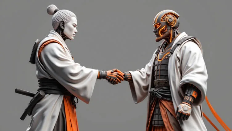 Ludzki samuraj podający rękę robotycznemu samurajowi, symbolizując współpracę między ludźmi a zaawansowanymi systemami autonomicznymi, takimi jak agentowa AI.