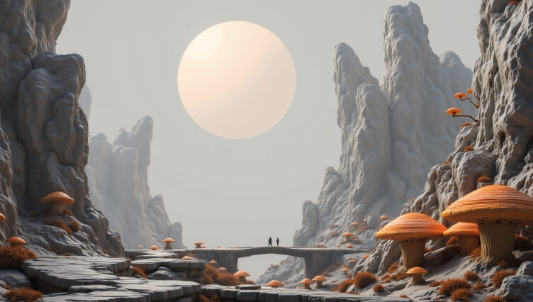 Two figures walking across a stone bridge in a surreal mountain landscape with giant mushrooms and a large glowing sun overhead.