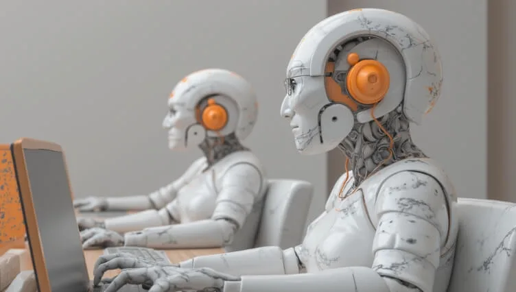 Dwa humanoidalne roboty z marmurowymi powłokami pracujące przy komputerach, reprezentujące zautomatyzowane wykonywanie zadań i przepływy pracy oparte na agentowej AI.
