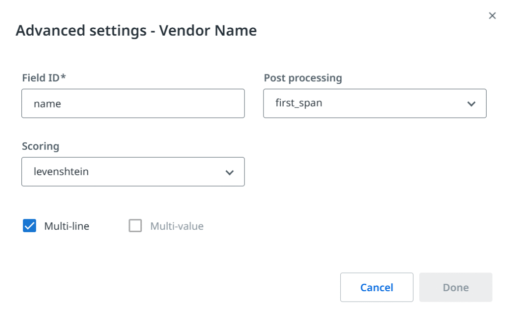 Example of advanced settings for a single taxonomy field in the document processing workflow.