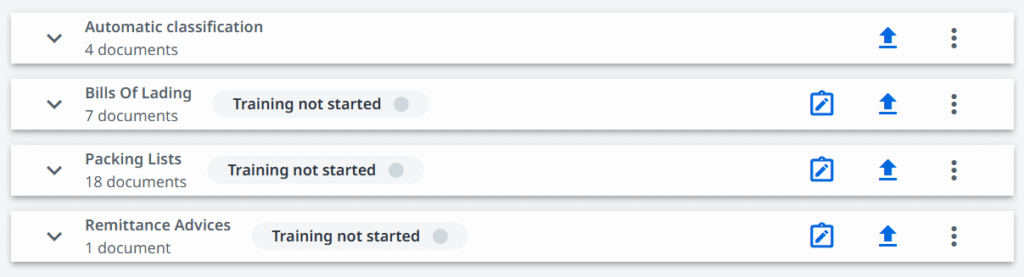 Project view in UiPath Document Understanding showing various document types.