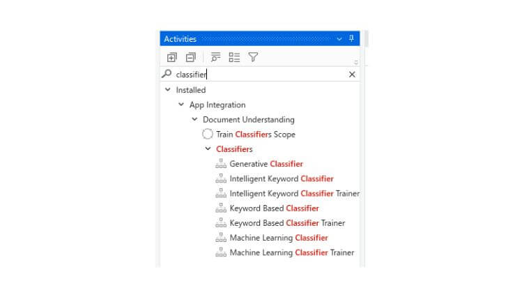 List of available classification activities in UiPath Studio.