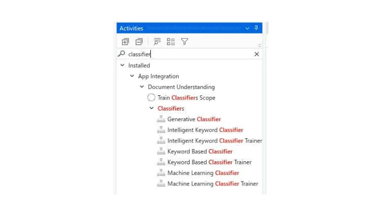 Lista dostępnych aktywności klasyfikacyjnych w UiPath Studio.