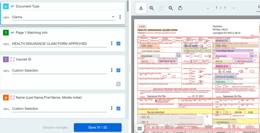 Fragment formularza UiPath Actions zaprojektowanego dla przepływu Document Understanding.