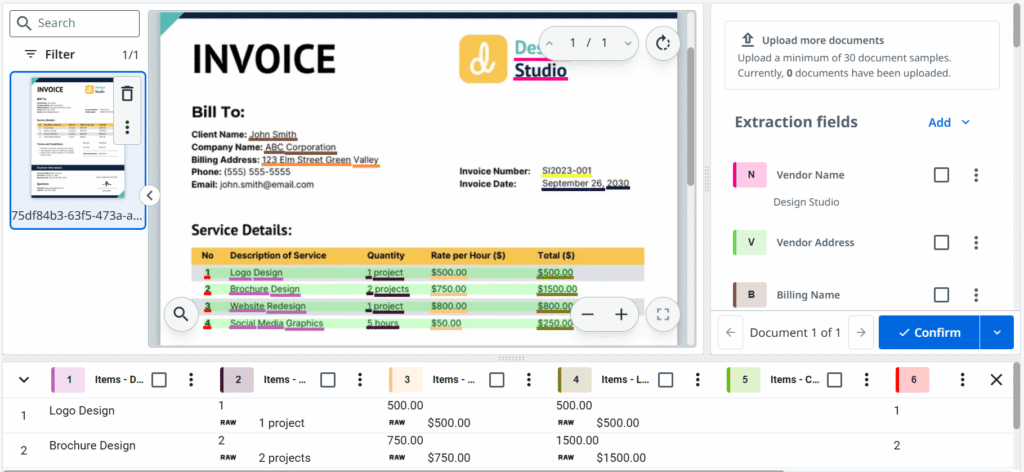 Screenshot of a model training session with data labeling in Document Manager.