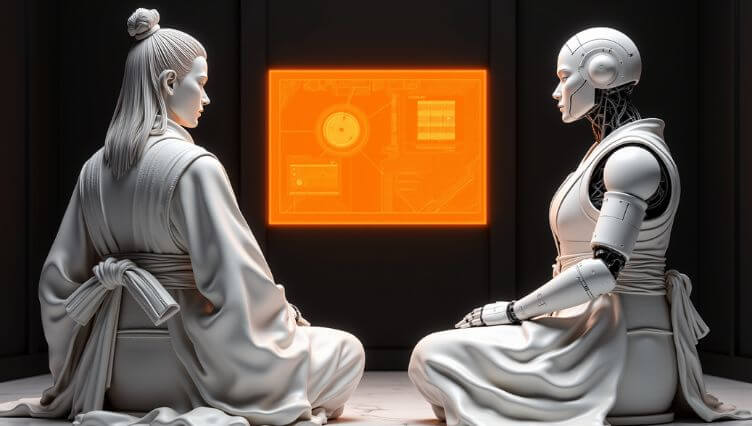 A human and a humanoid robot seated face to face, observing a glowing interface panel, symbolizing aligned decision-making and human–AI collaboration.