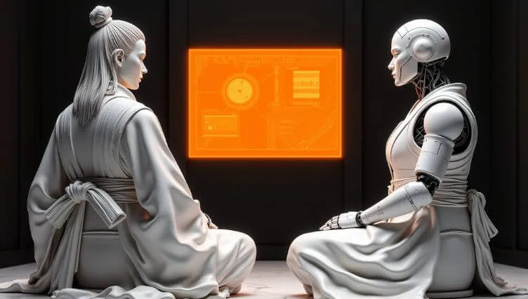 A human and a humanoid robot seated face to face, observing a glowing interface panel, symbolizing aligned decision-making and human–AI collaboration.