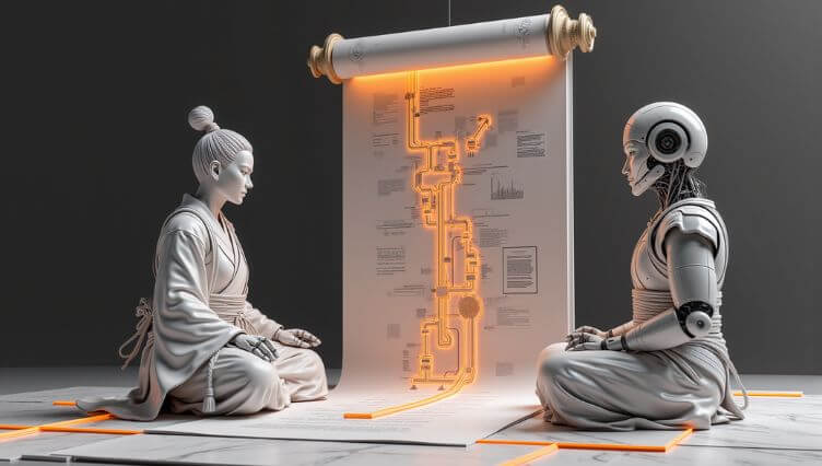 A human and a humanoid robot sitting opposite each other, studying a glowing process map on a scroll, representing shared understanding and structured problem-solving.
