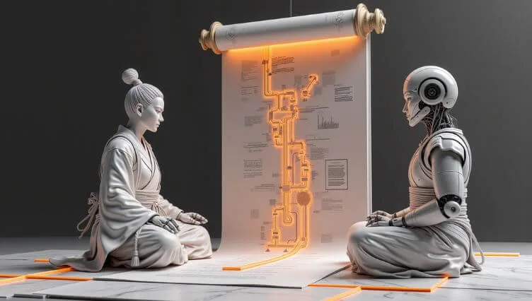 A human and a humanoid robot sitting opposite each other, studying a glowing process map on a scroll, representing shared understanding and structured problem-solving.