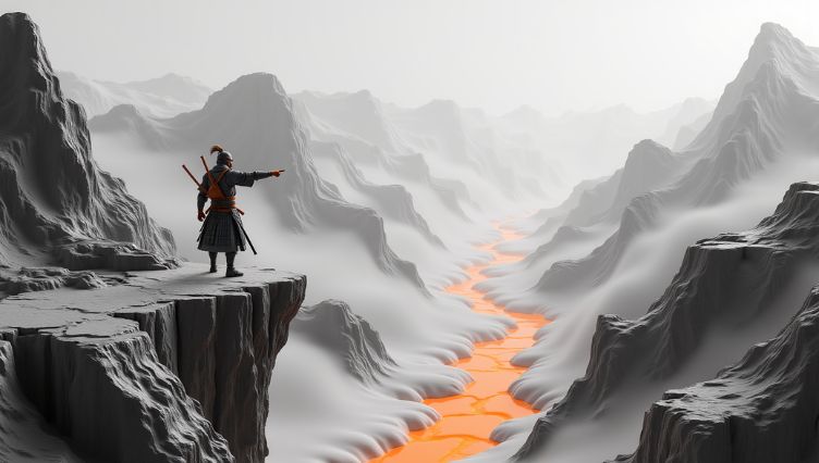 A lone samurai standing on a cliff, pointing toward a glowing path winding through a vast mountain valley, symbolizing strategic direction and decision-making.