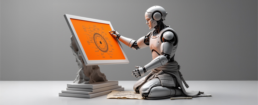 Humanoid robot kneeling in front of a digital board, analyzing a complex diagram, symbolizing agentic AI planning, reasoning, and autonomous decision-making.